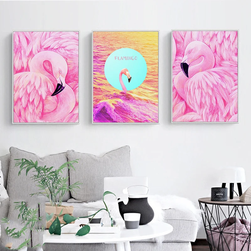 

HAOCHU Pink Theme Cartoon Flamingo Watercolor Animals Canvas Painting Wall Picture Nordic Kids Room Home Decoration