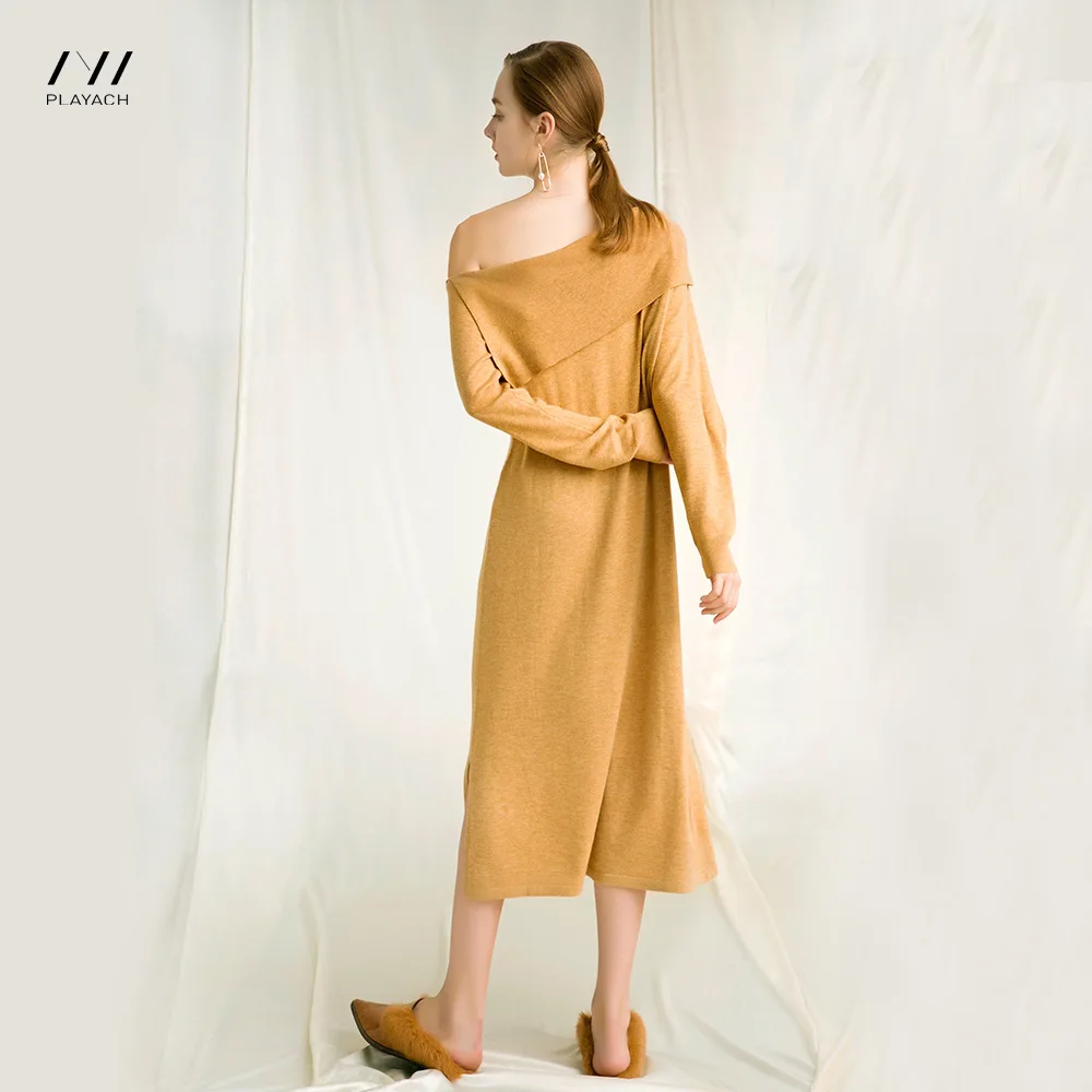 Платье Осень 2018 Новое полушерстяное наклонное плечо слово большие лацканы без
