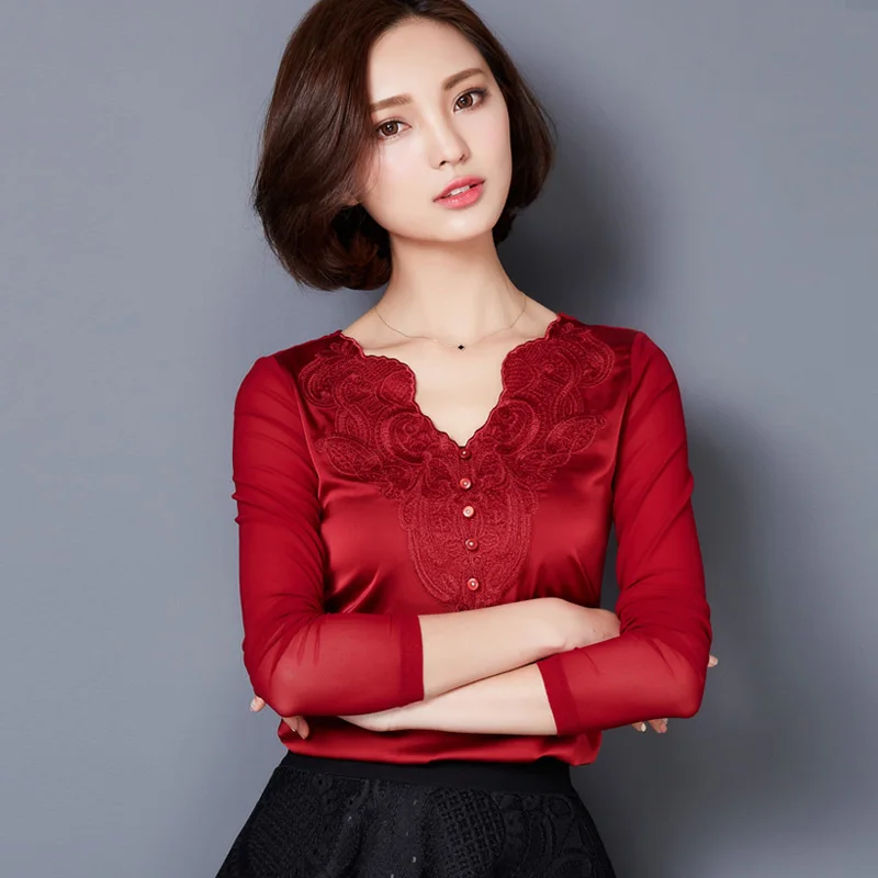 Женские блузки больших размеров Весна-Осень 2016 модные шелковые с v-образным