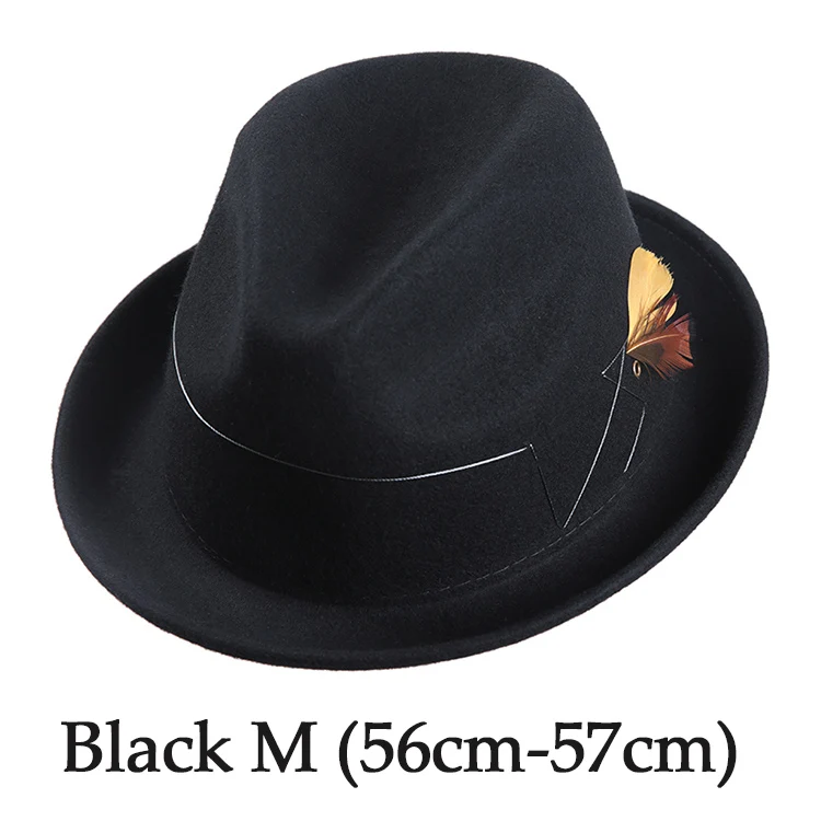 Black 57 cm Модные перо фетровая шляпка шерстяная Шапки для мужчин Австралия шерсть фетровая шляпа церковь джентльмен Высокое качество Теплые осень-зима фетровой Шапки - Цвет: Black 57 cm