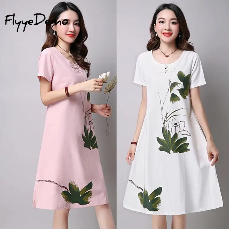 Women Casual Cotton Linen Dress Lotus Printing O-Neck Summer 2018 Vintage Short Sleeve Waist Bow Loose Dresses |