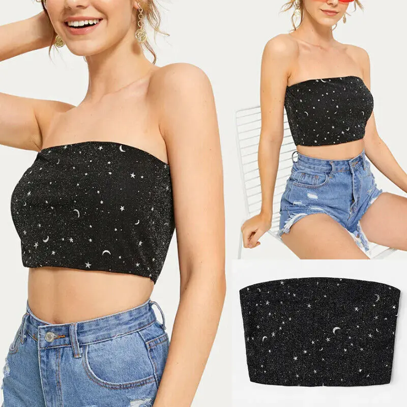 Модная Милая Женская Блестящая короткая черная футболка без бретелек с вышивкой