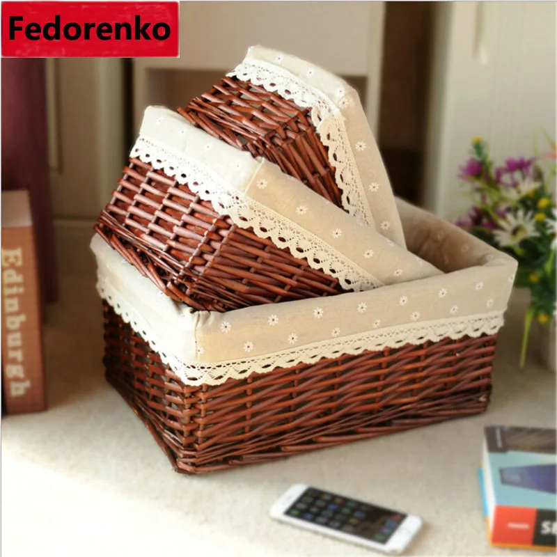 

Wicker Woven Craft Basket Cosmetic Storage Box bins Room Organizer laundry hamper Decorative Reto Desktop Books Sundries Baskets