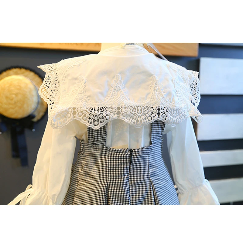 LOVE DD& MM/комплекты для девочек г. Новая весенняя Милая Кружевная кукольная рубашка для девочек+ модное клетчатое платье на бретелях для принцесс