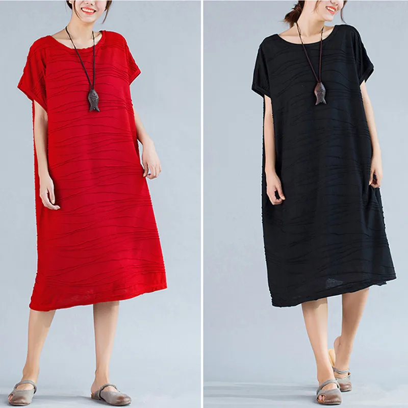 Женские Большие размеры краткое полосатые хлопковые летние платья Черный