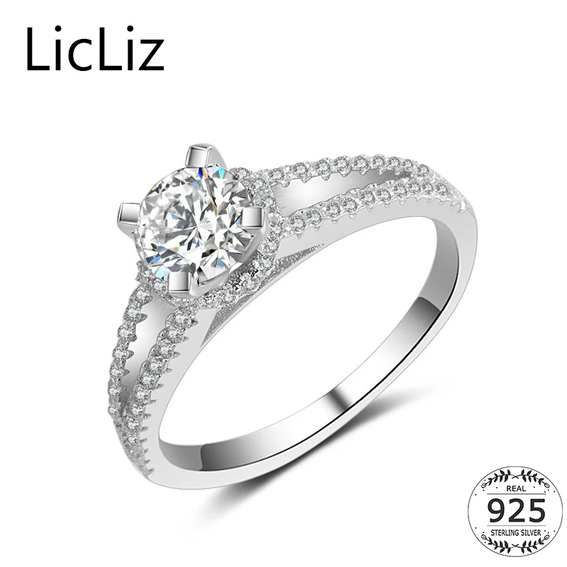 

LicLiz 925 Sterling Silver Halo Solitaire Ring CZ Eternity Band Cubic Zirconia Wedding Rings Double Layer Rings For Women LR0460