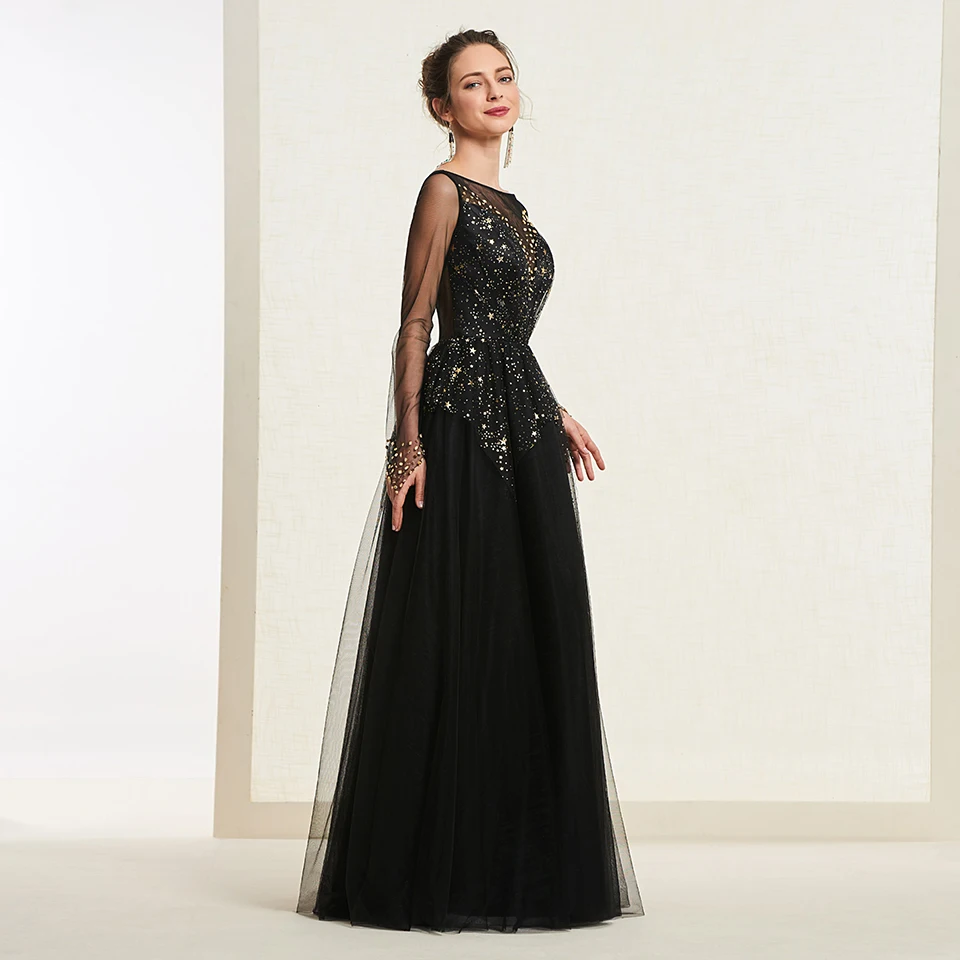 Dressv Черное вечернее платье трапециевидной формы с круглым вырезом, с длинными рукавами, на пуговицах, длина до пола, свадебное вечернее платье, вечернее платье es