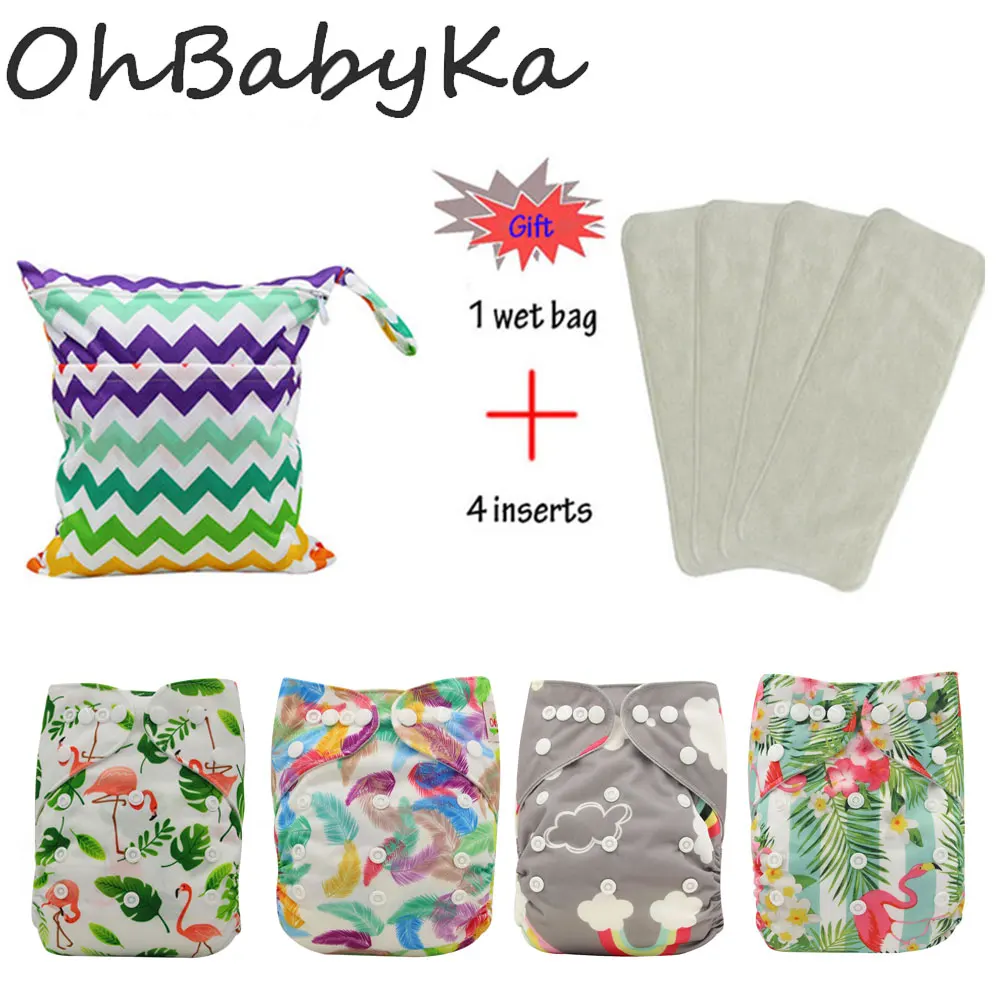 OhBabyKa 8 упаковок многоразовые подгузники для младенцев с героями мультфильмов, подарочные моющиеся детские карманные тканевые подгузники+ 3 слоя микрофибры вставки