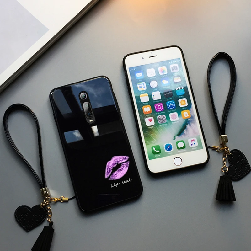 

For Xiaomi Redmi k20 Pro Tempered Glass Case Lip print Fashion Cover For Xiaomi Redmi k20 Tassel Lanyard Funda Case & Strap