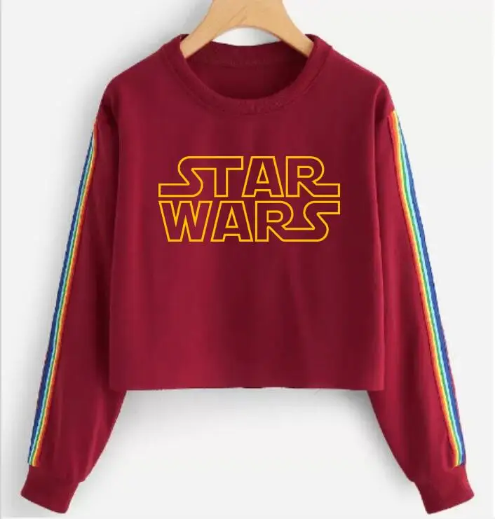 New Fashion Women's STAR WARS Round Neck Long Sleeve T-Shirt Short Rainbow Stripe Street | Женская одежда