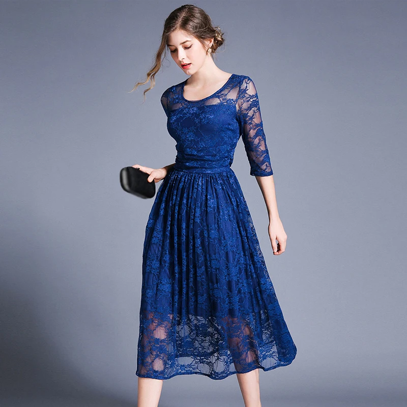 2019 осеннее Голубое Кружевное Платье женское офисное повседневное тонкое модное