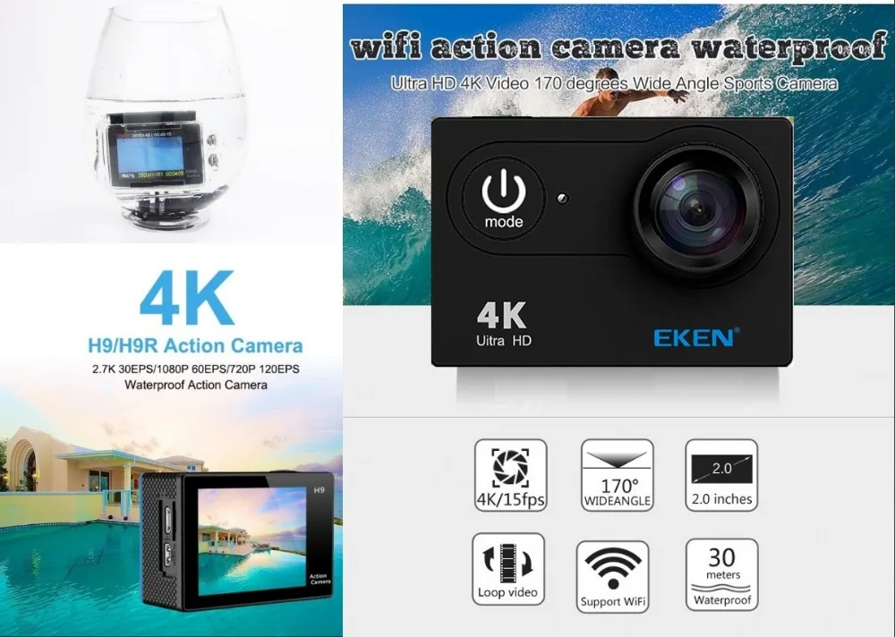 Экшн-камера EKEN H9/H9R Wi-Fi с дистанционным управлением Ultra HD 4K 1080P/60fps 30 м