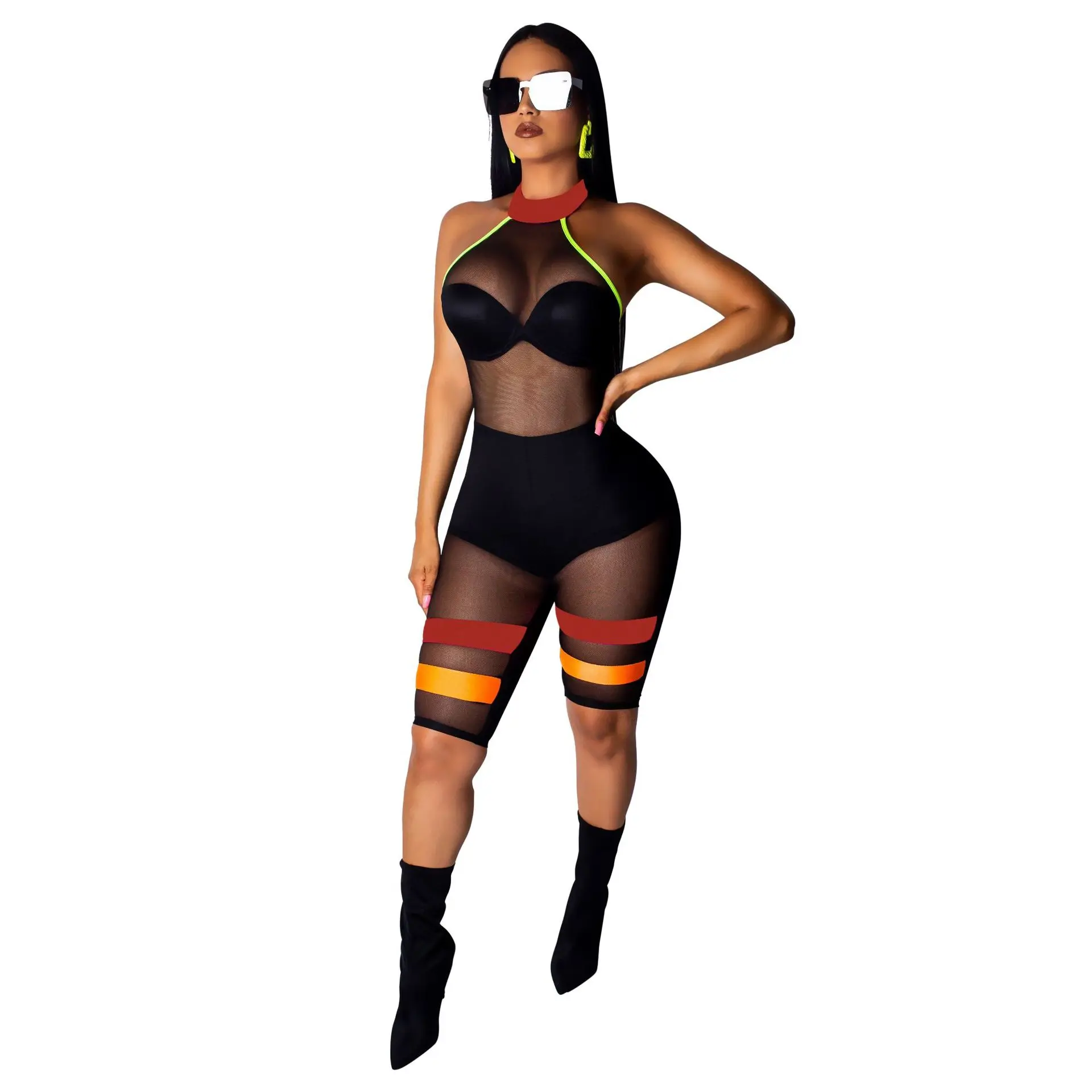 Флуоресцентный цветной прозрачный сетчатый лоскутный сексуальный комбинезон с