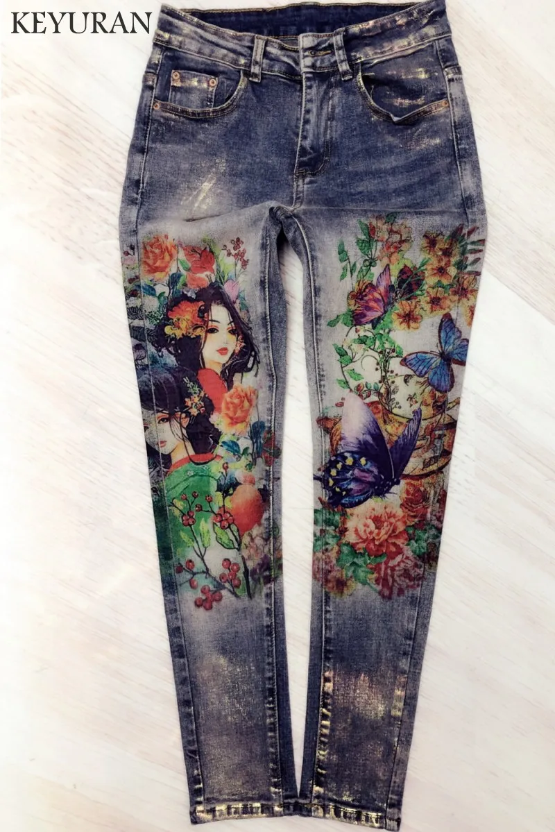 2019 женские джинсы в винтажном стиле повседневные Стрейчевые с 3d принтом брюки и