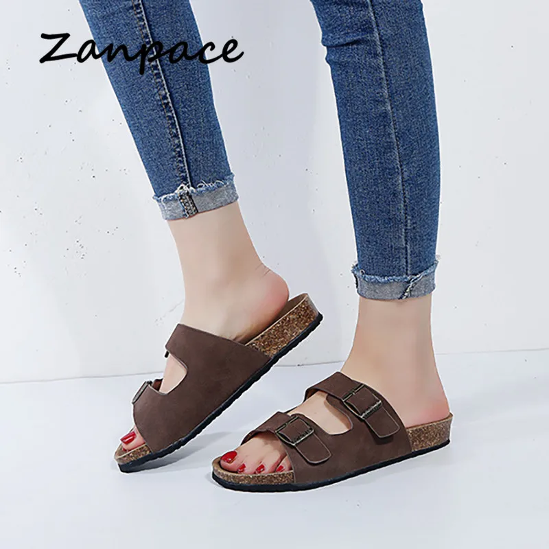 Сандалии Zanpace женские с двойной пряжкой пробковые шлепанцы плоская подошва