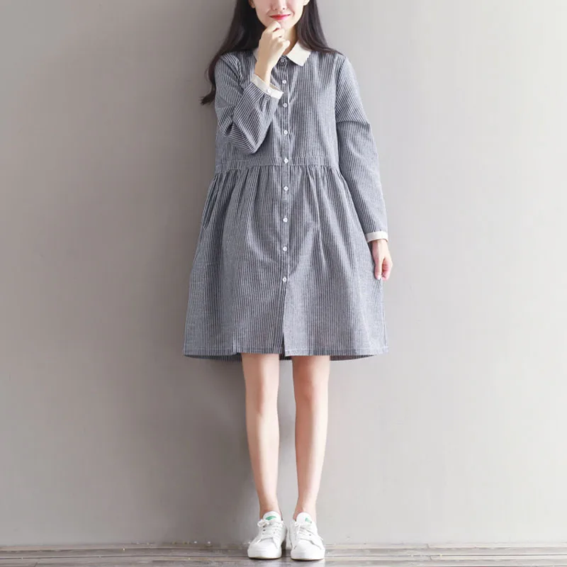 Mori Girl Spring Autumn Striped Dress Pannelled Turn Down Collar Single Breasted Long Sleeve High Waist Pleated Shirt | Женская одежда