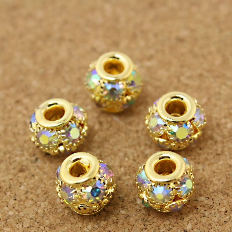

8x9mm Round Ball Gold AB Plated with Crystal Rhinestone Hollow Ball Spacer Beads For Jewelry Making