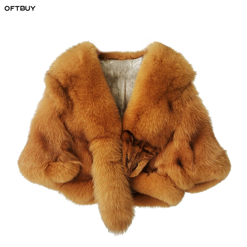 Женская куртка с натуральным лисьим мехом OFTBUY пальто пончо и накидкой из 100%