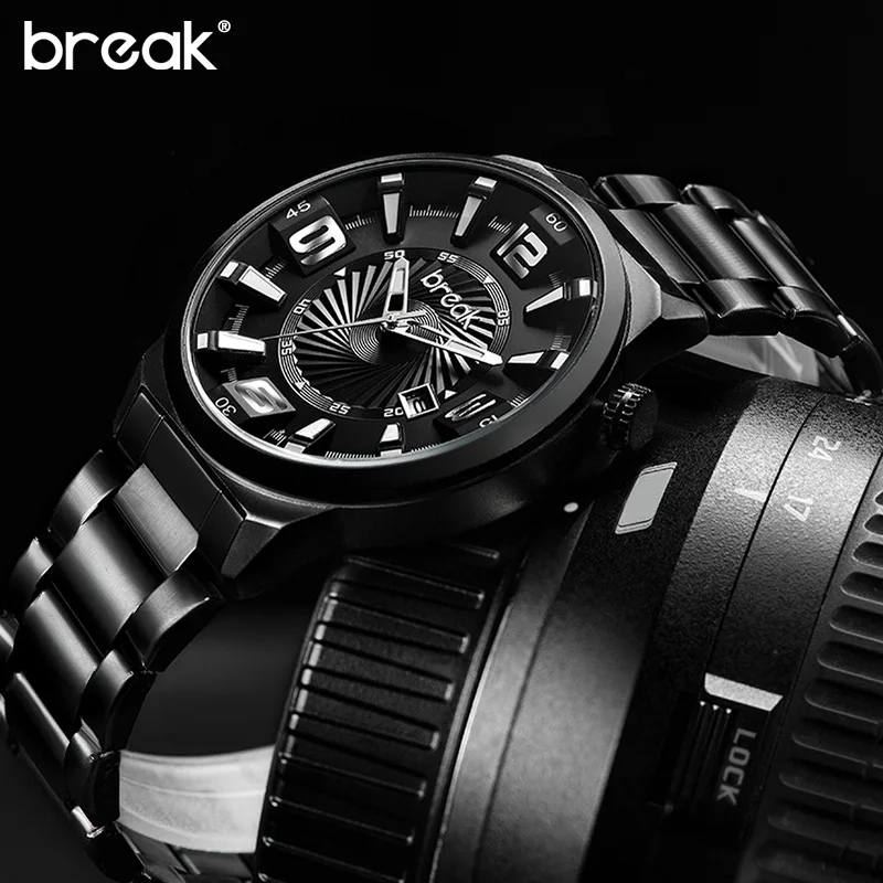Перерыв подарок часы модные мужские черные Нержавеющая сталь кожа кварцевые