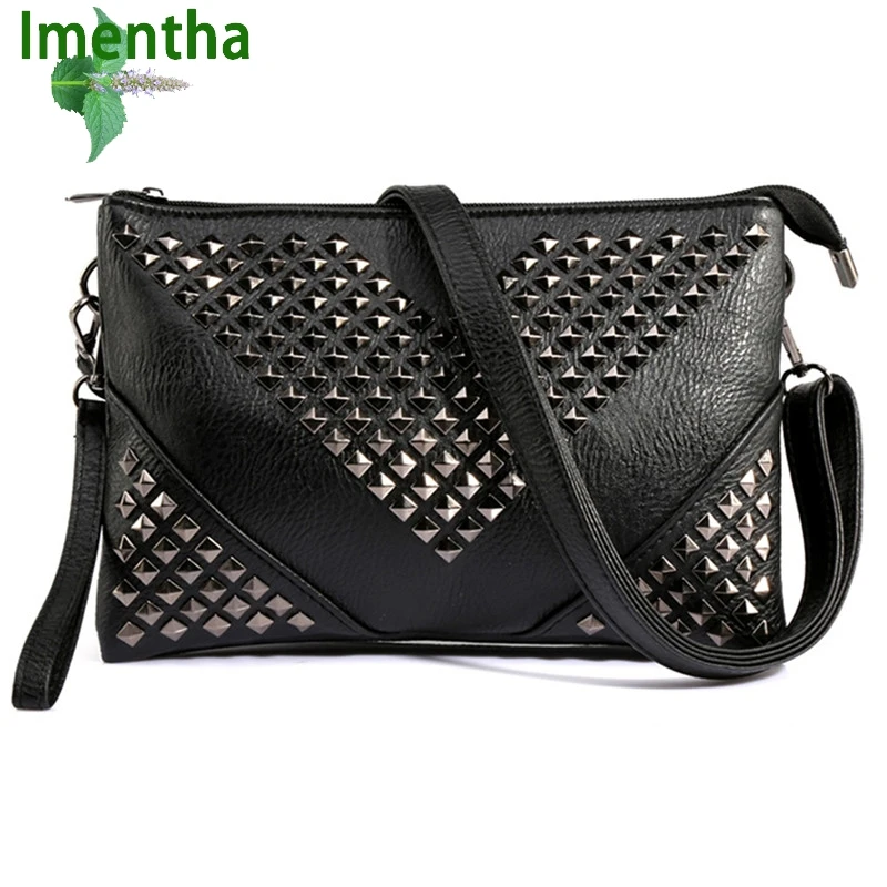 Высококачественные черные женские кожаные сумки с заклепками через плечо