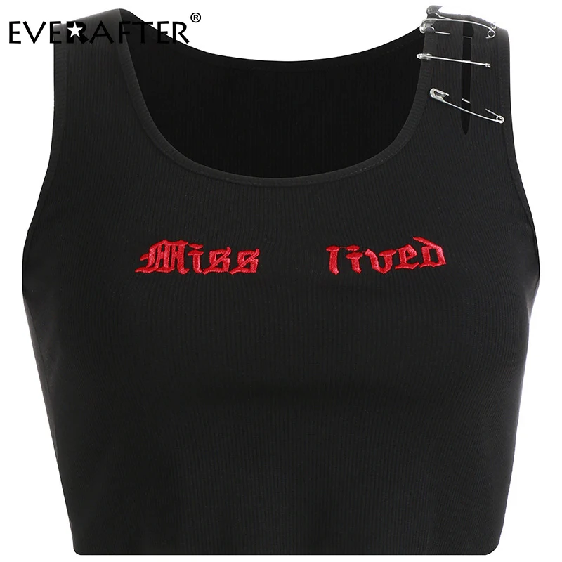 EVERAFTER модная уличная Женская майка с вышитыми буквами, тонкий короткий топ, лето, harajuku, Черная майка, майка - Цвет: Black