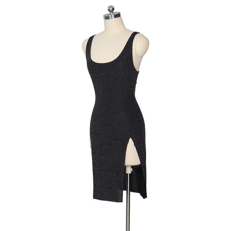 Sexy Split Black Dress Women Glitter Sleeveless Party Hollow Out Bodycon Dresses Spaghetti Strap Backless Bandage Vestidos | Женская