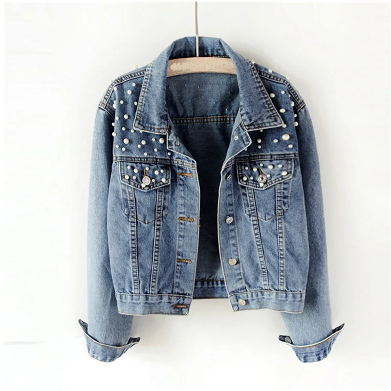 

2021 Beading Denim Jacket Personalized Water Wash Slim Jeans Women Outerwear Fashion denim short coat
