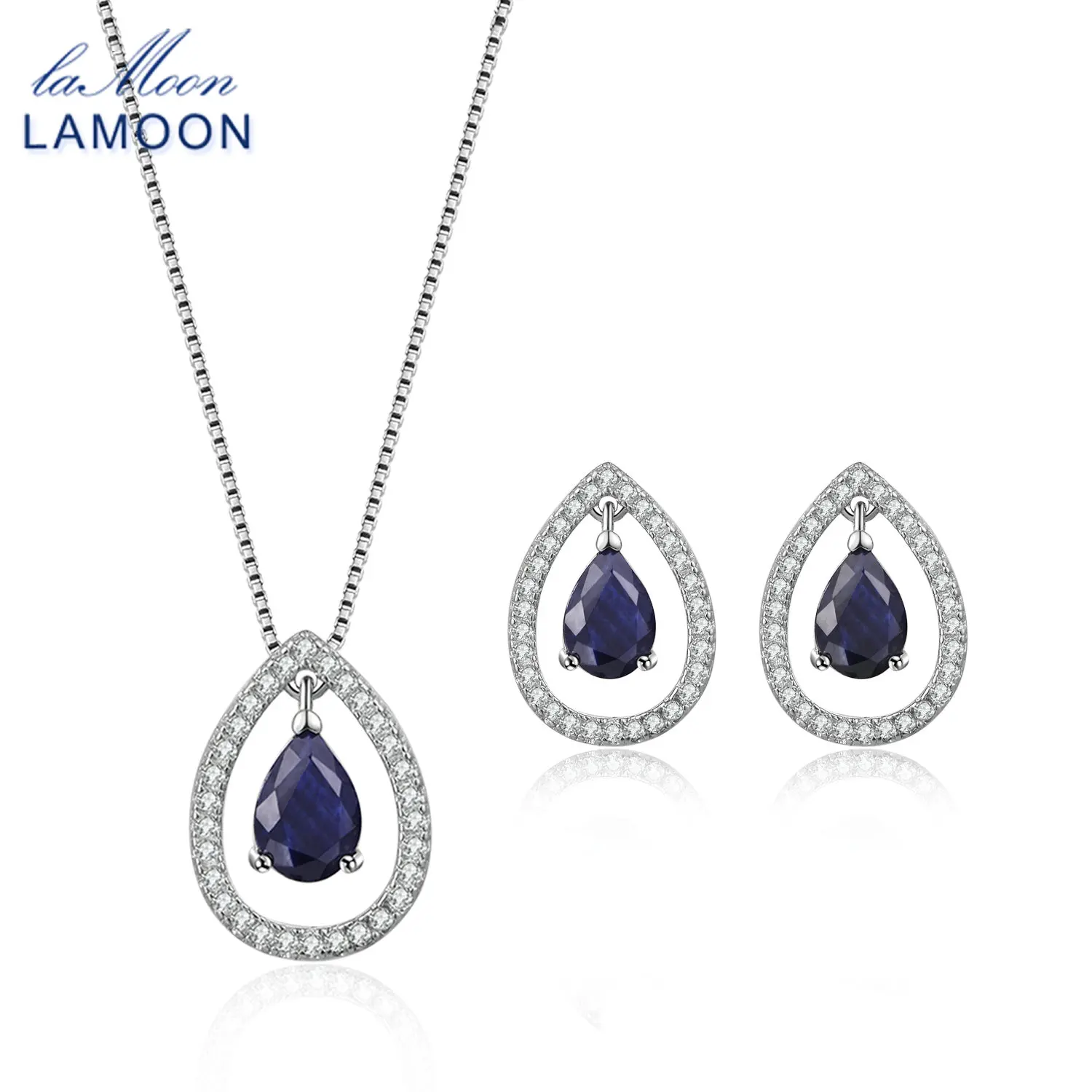 

LAMOON X5mm в форме капли 100% настоящий синий сапфир-серебряные ювелирные изделия в форме короны S925 для женщин