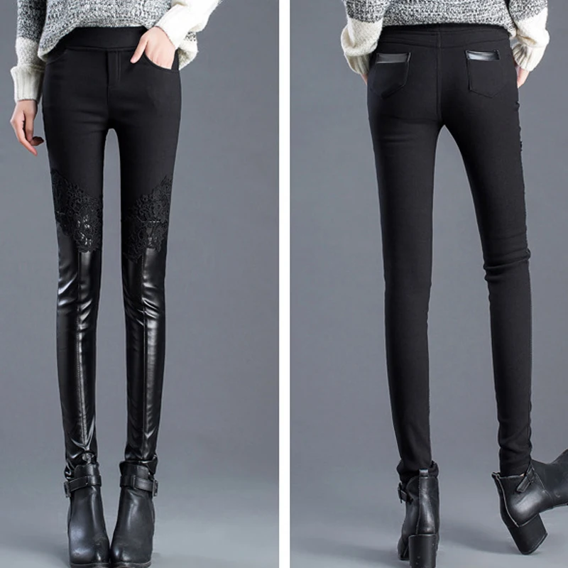 Новинка стильные HI-Q кружевные обтягивающие кожаные штаны женские осенне-зимние