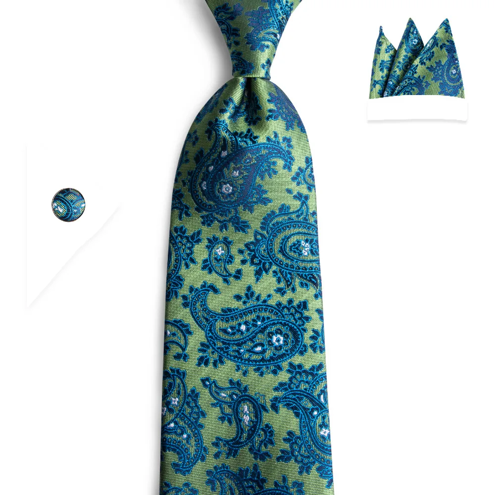 DiBanGu Новое поступление зелёные синие Пейсли шелковые галстуки с запонками