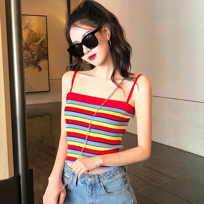 

Casual Knitted Spaghetti Strap Slim Tops Side Striped Patchwork Women Crop Tops Knitted Camisole Camis Camisole