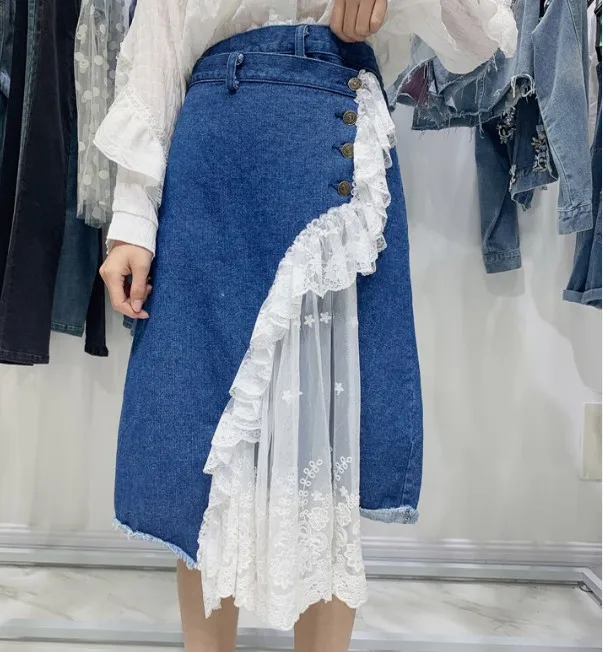 Женская джинсовая юбка средней длины демисезонная Асимметричная облегающая с