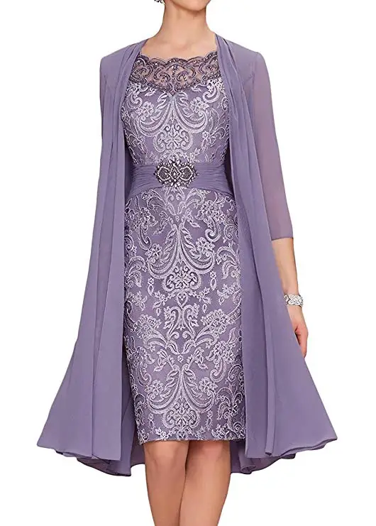 Vestido para boda, короткие платья до колена с рукавами-крылышками, кружевами и шифоном, украшенные бисером, с жакетом, платья для матери невесты