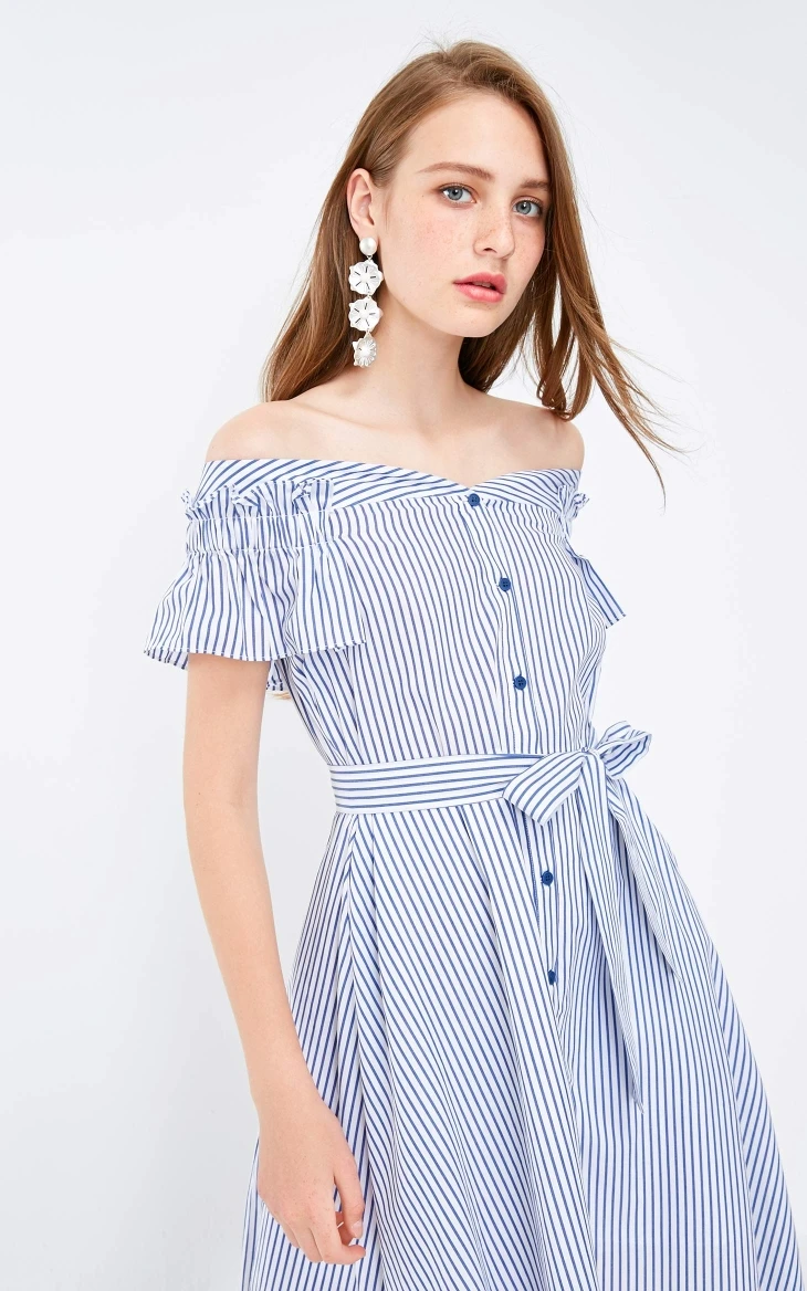 Vero Moda Плиссированное Полосатое платье с открытыми плечами на шнуровке с эластичными манжетами | 31837B505