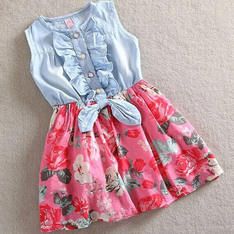 Hot Sell Girls dresses Lovely Kid Jean Denim Bow Flower Ruffled Dress Sundress Clothing Costume 2-9 years old |