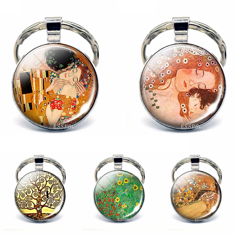 

Famous Art Picture The Kiss Keychain Gustav Klimt Glass Cabochon Key Chain Rings Jewelry Gift For Women Men Lovers 2019 New