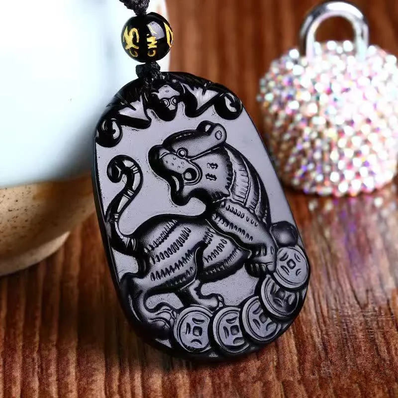 

Natural Black Obsidian Pendant Carved Chinese Mascot Zodiac Tiger Pendant Bead Necklace Lucky Amulet Men Women's Jade Jewelry