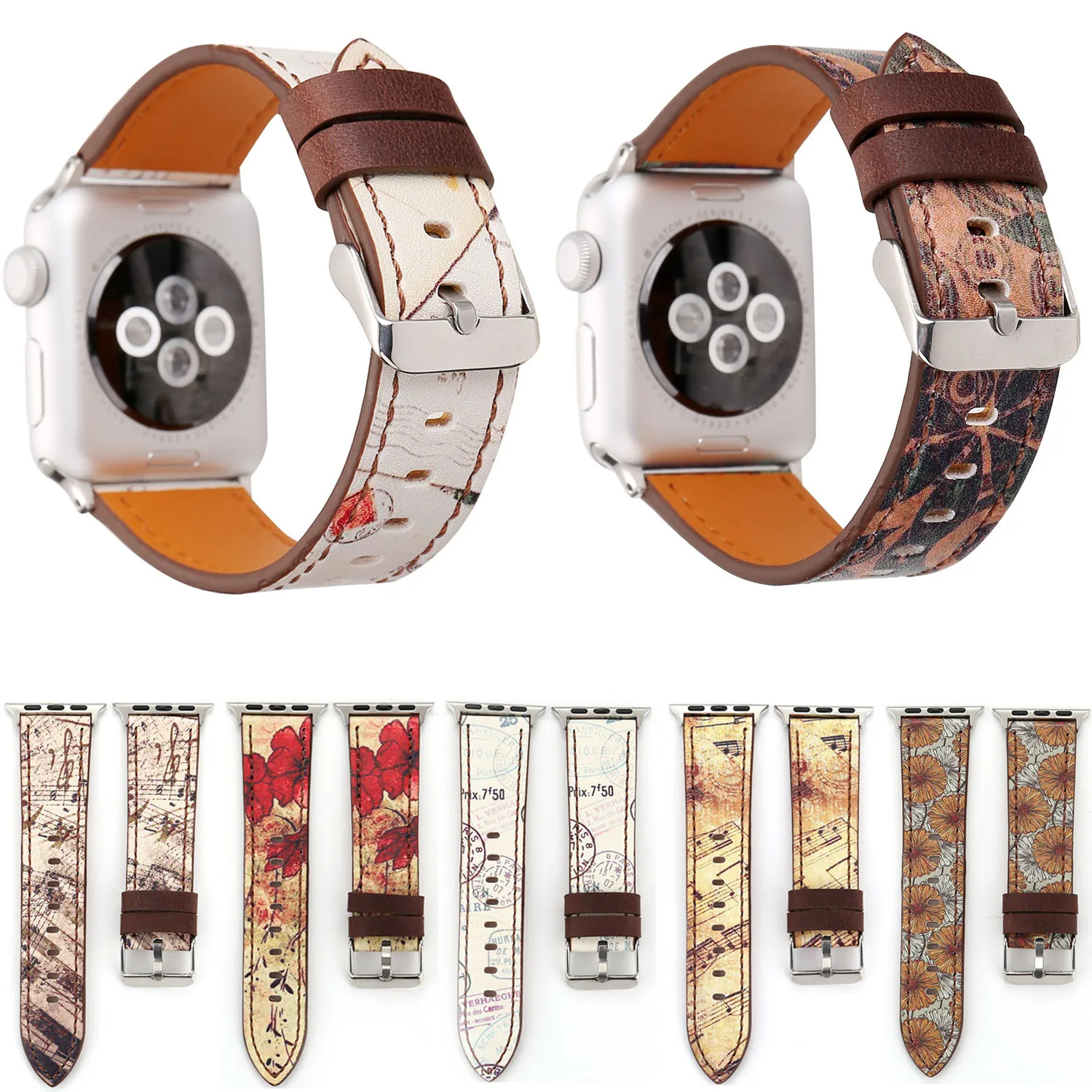 Кожаный ремешок с цветочным принтом для Apple Watch 42/44 мм 38/40 серия 1 2 3 4 ретро браслет