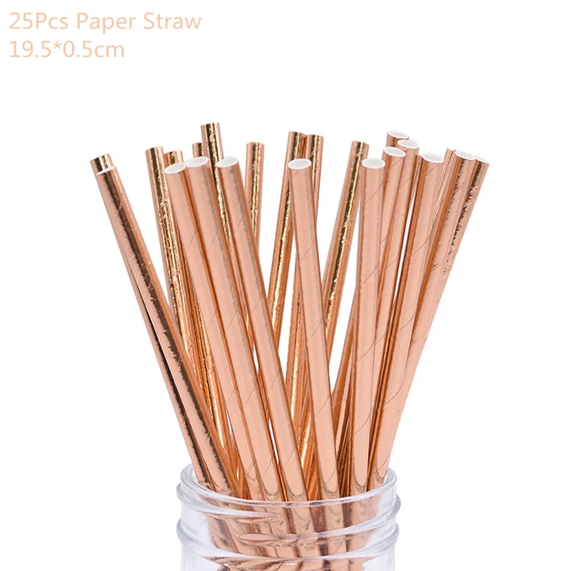 25pcs paper straw Розовое золото вечерние одноразовые столовые приборы набор вечерние бумажные стаканчики тарелки и соломки вечерние украшения стола свадебные принадлежности для дня рождения - Цвет: 25pcs paper straw
