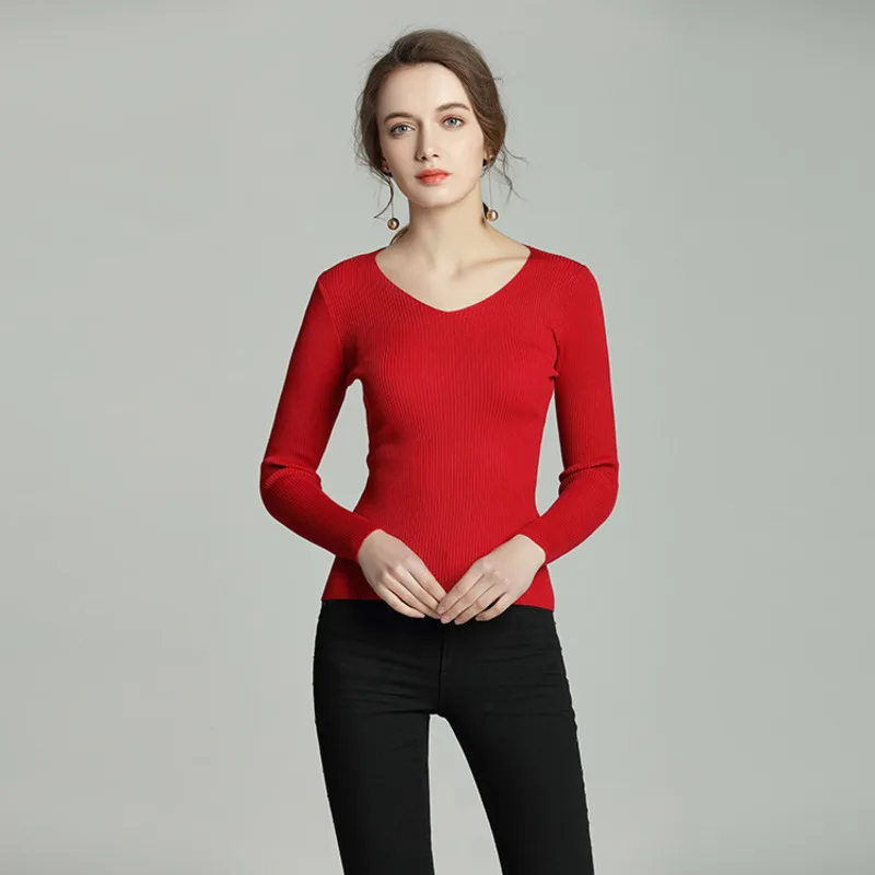Sosaeg Winter Autumn 2018 New Fashion Women's Sweater Tight Elasticity Knitted V Neck Long Sleeve Thin Tops pullover | Женская
