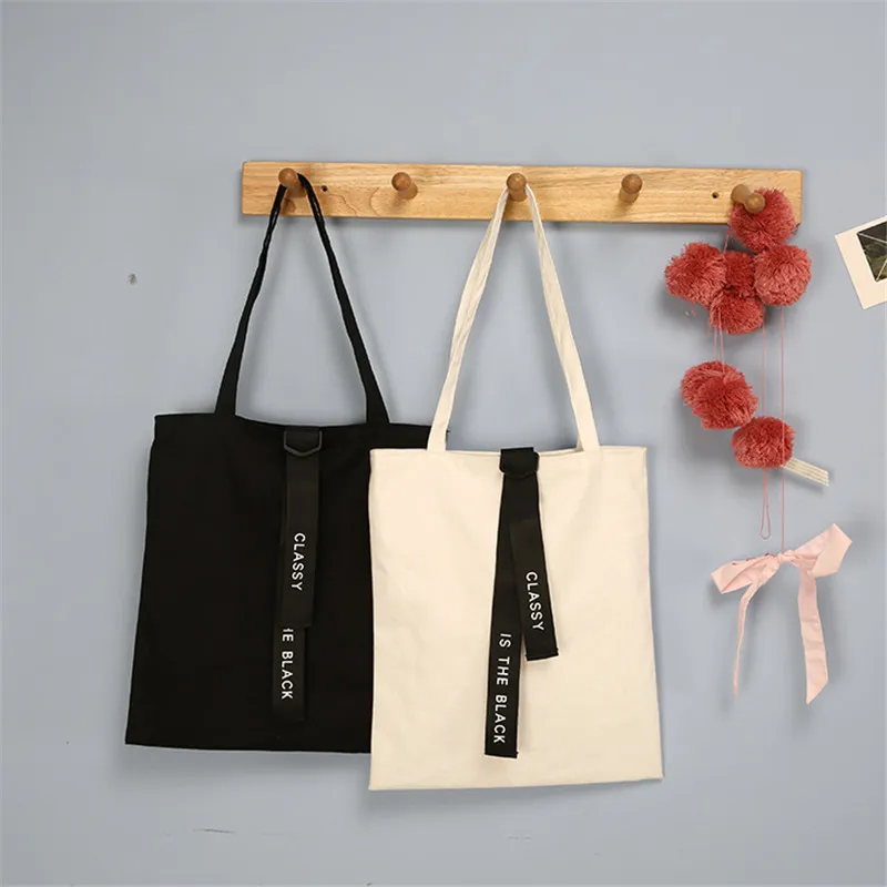 

YILE Solid Cotton Canvas Eco Shopping Tote Shoulder Bag English Letter Ribbon zt004