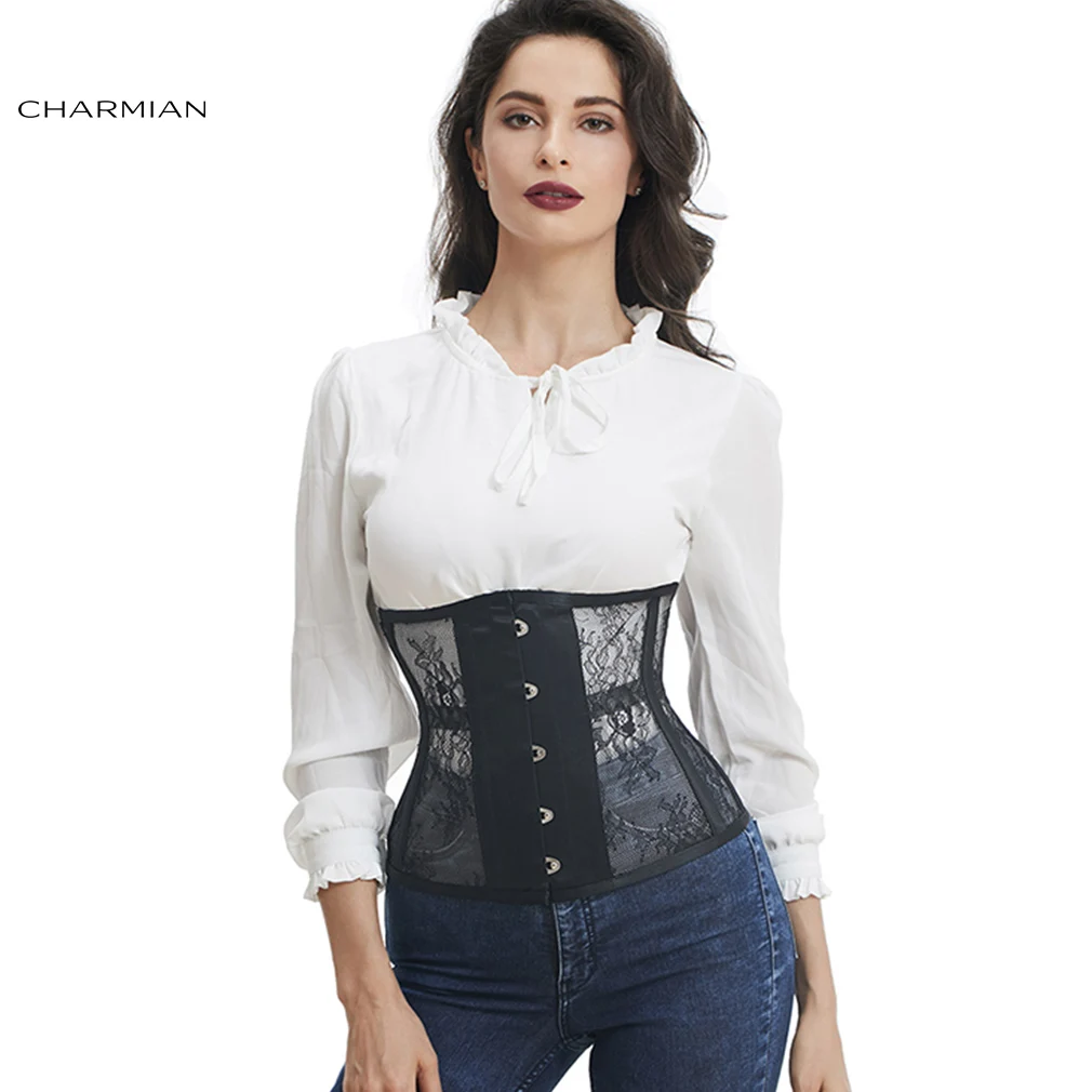 Женский корсет Charmian черный/белый со стальными костями в стиле ретро готический