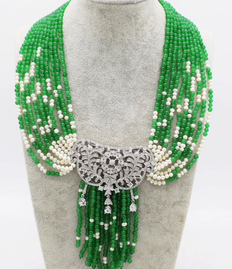 

10ROWS white freshwater pearl/green jade round & zircon flower pendant tassel neklace 16-20inch FPPJ