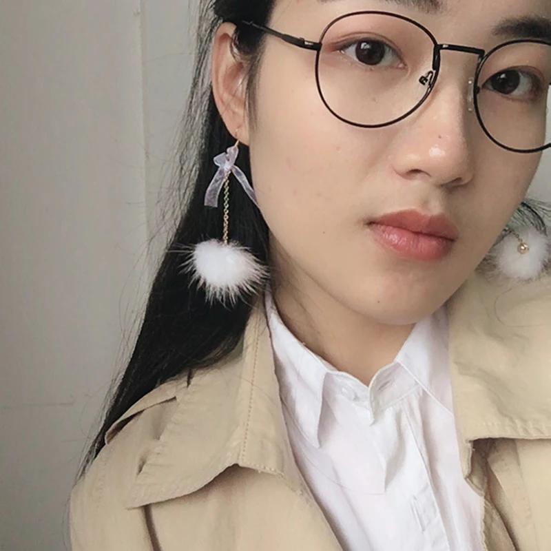 Korean Style Soft Fur Ball PomPom Cute Bowknot Drop Earrings For Women New Year Winter Party Jewelry Brincos Gifts | Украшения и