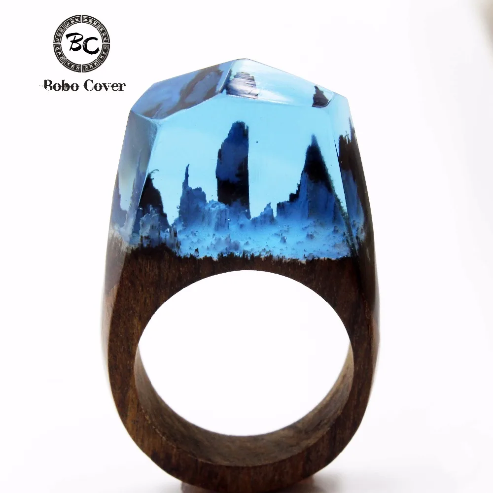 Женское кольцо из смолы волшебное деревянное прямоугольное натурального дерева