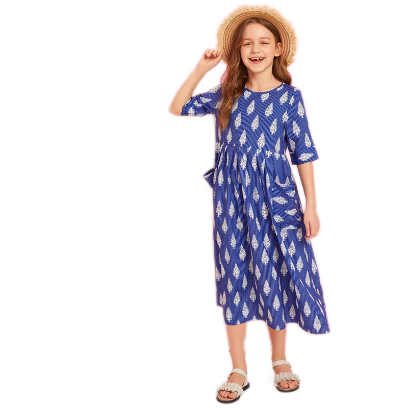 SHEIN Kiddie/синее боховая туника в полоску с карманами спереди и растениями, платье года, летние праздничные длинные платья с короткими рукавами и высокой талией