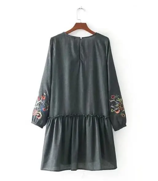 Стильное платье с цветочной вышивкой серого цвета длинным рукавом|loose dress|gray dressnew