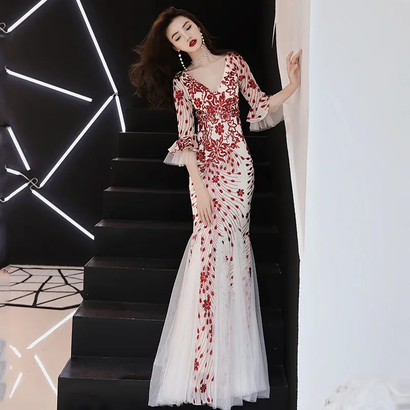 Красное Ципао с коротким рукавом и острым вырезом платье блестками русалочкой