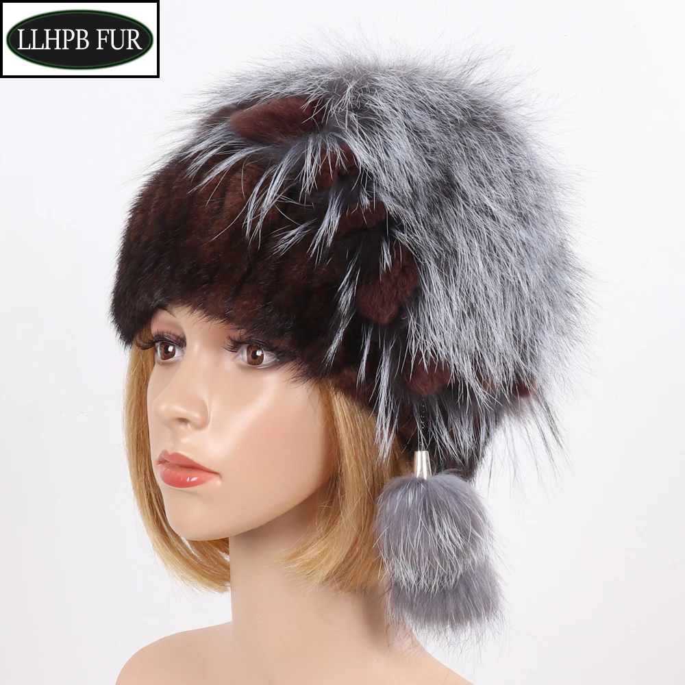 

2023 New Style Girl Fashion Knitted Real Mink Fur Hats Quality Warm Natural Mink Fur Cap Top Fox Fur Women Winter Real Fur Hat