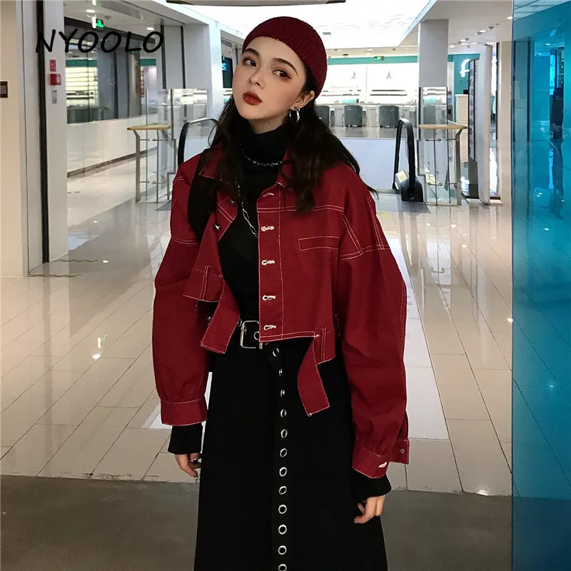 

NYOOLO High street Lantern sleeve basic jacket Casual long sleeve single breasted short denim jacket women clothing outerwear
